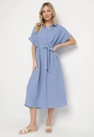 Sukienki - Granatowa Sukienka z Wiskozy o Koszulowym Kroju z Wiązanym Paskiem Danisna - miniaturka - grafika 1