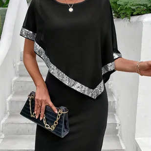 TEMU Elegancka Sukienka z Cekinami dla Kobiet - Obcisła, z Okrągłym Dekoltem, Idealna na Imprezy i Wakacje, Możliwość Prania w Pralce - Inne - miniaturka - grafika 1