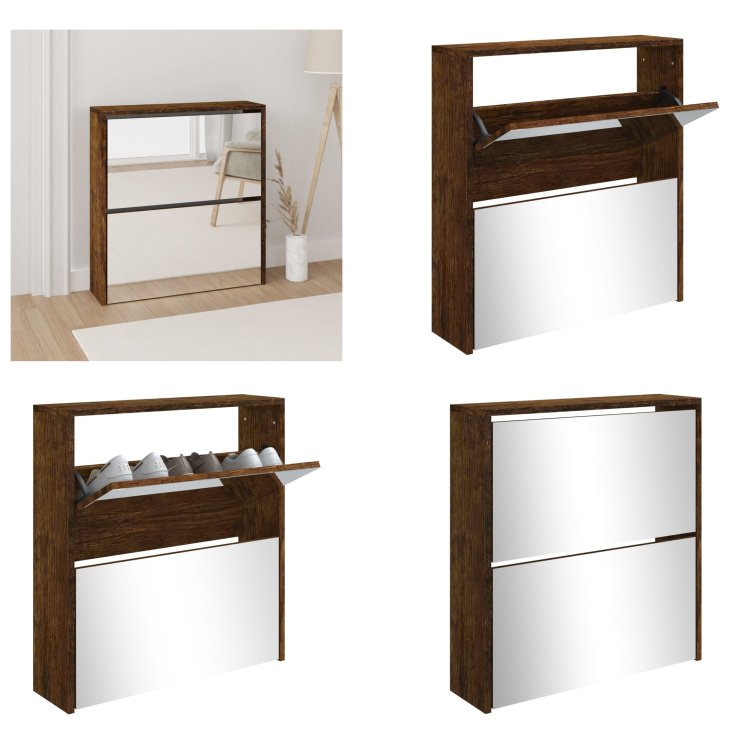vidaXL Szafka na buty z lustrem 2 przegrody dąb wędzony 63x17x67 cm - Stojak na buty - Półki na buty - Przechowywanie butów - Szafka na buty
