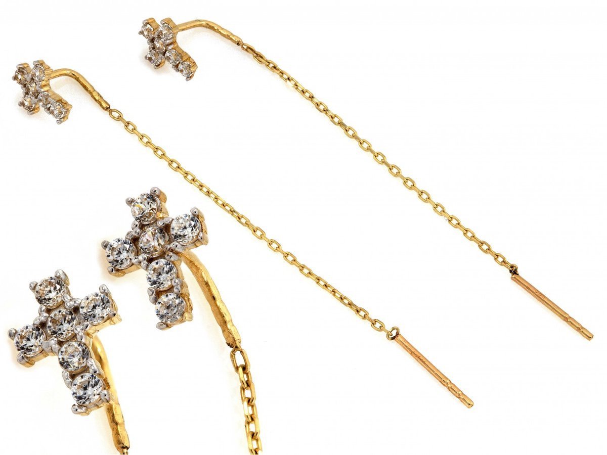 Kolczyki złote 585 przeciągane krzyżyk z cyrkoniami 1.12g