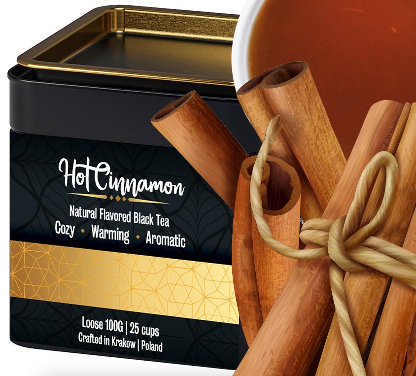 Hot Cinnamon Czarna Liściasta Herbata Puszka 100g Cynamonowa Naturalne Aromaty Kawałki Cynamonu