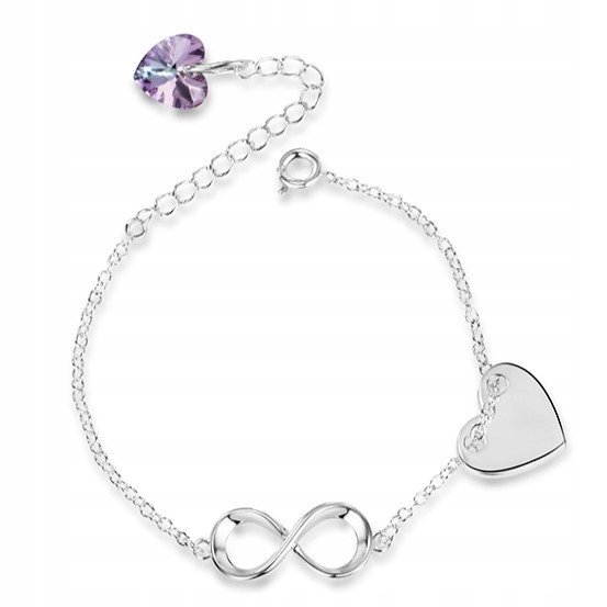SREBRNA BRANSOLETKA DAMSKA NIESKOŃCZONOŚĆ SERCE KRYSZTAŁ SVAROVSKI GRAWER