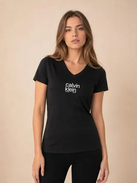 Koszulka damska Calvin Klein czarna bawełniana, dekolt V - rozmiar M Idealne na jesień!