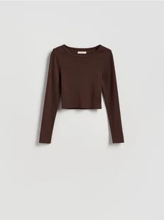 Reserved - Krótki bawełniany longsleeve - brązowy - Bluzki damskie - miniaturka - grafika 1