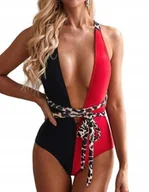 Stroje kąpielowe - WIĄZANY JEDNOCZĘŚCIOWY STRÓJ KĄPIELOWY Z DEKOLTEM CZARNO-CZERWONY XL - miniaturka - grafika 1