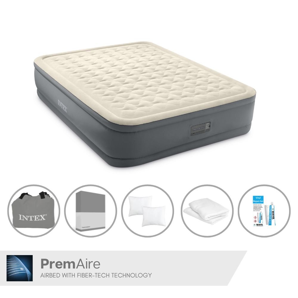 Łóżko powietrzne Intex - 2 osoby - 152 x 203 x 46 cm - Szare - Z pompką elektryczną + prześcieradło antracytowe + poduszka + poszewki Molton 2 w 1 + zestaw naprawczy