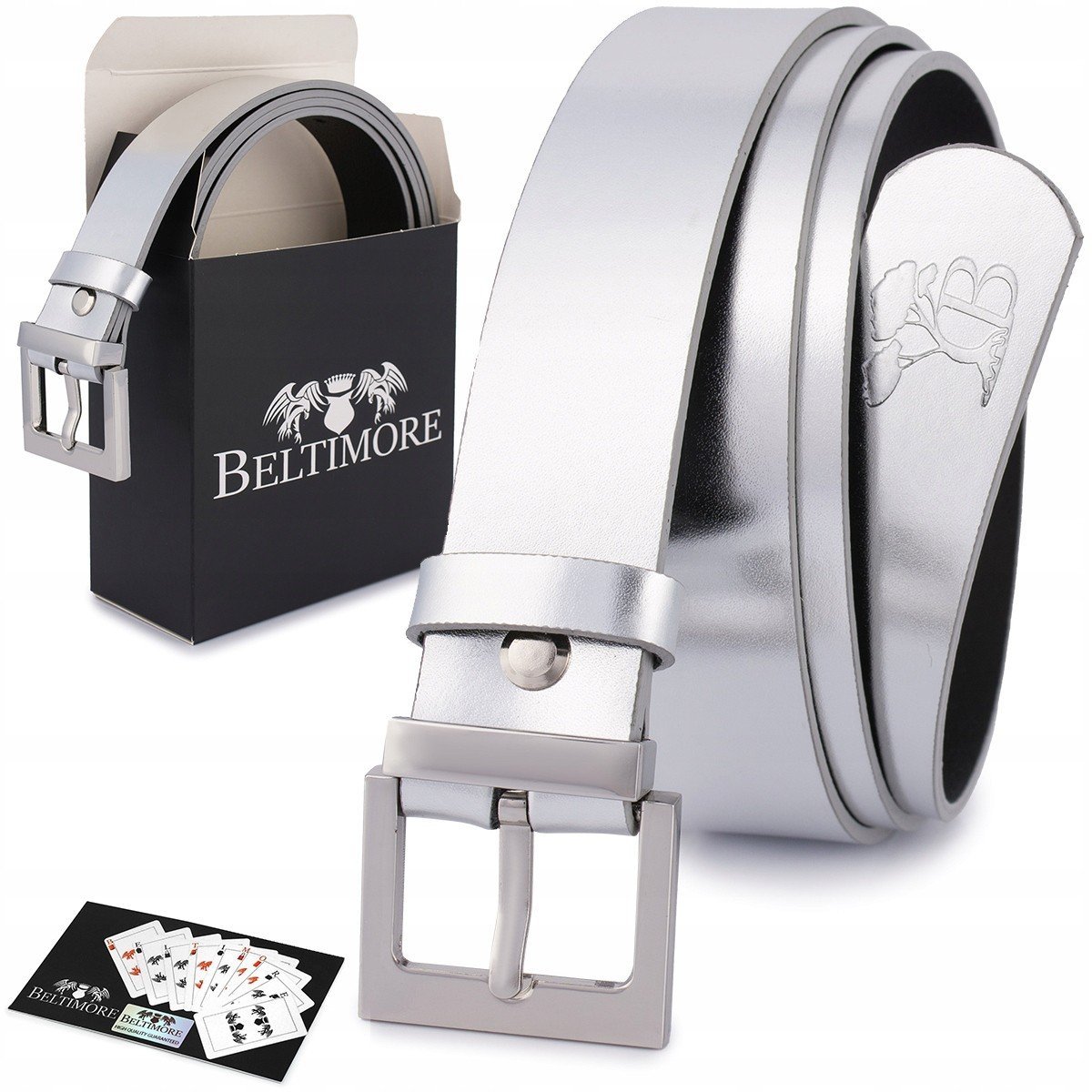 Skórzany pasek damski do spodni sukienki srebrny skóra nat 3 cm Beltimore D70 szary, srebrny r.110-125 cm