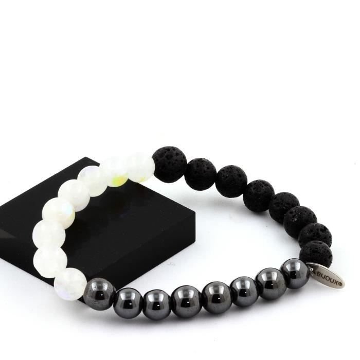 Bransoletka z kamieniem księżycowym, lawą i hematytem 8mm - ABIJOUX - Długość 19-20cm