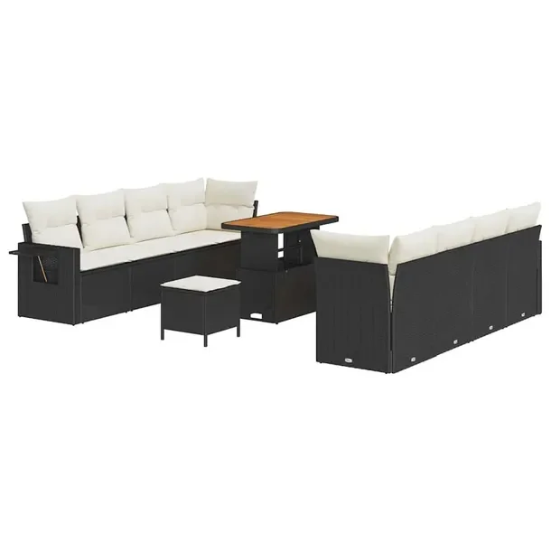 Zestaw Sofa Ogrodowa z Polirattanu Czarny + Kremowe Poduszki, 4 Osoby