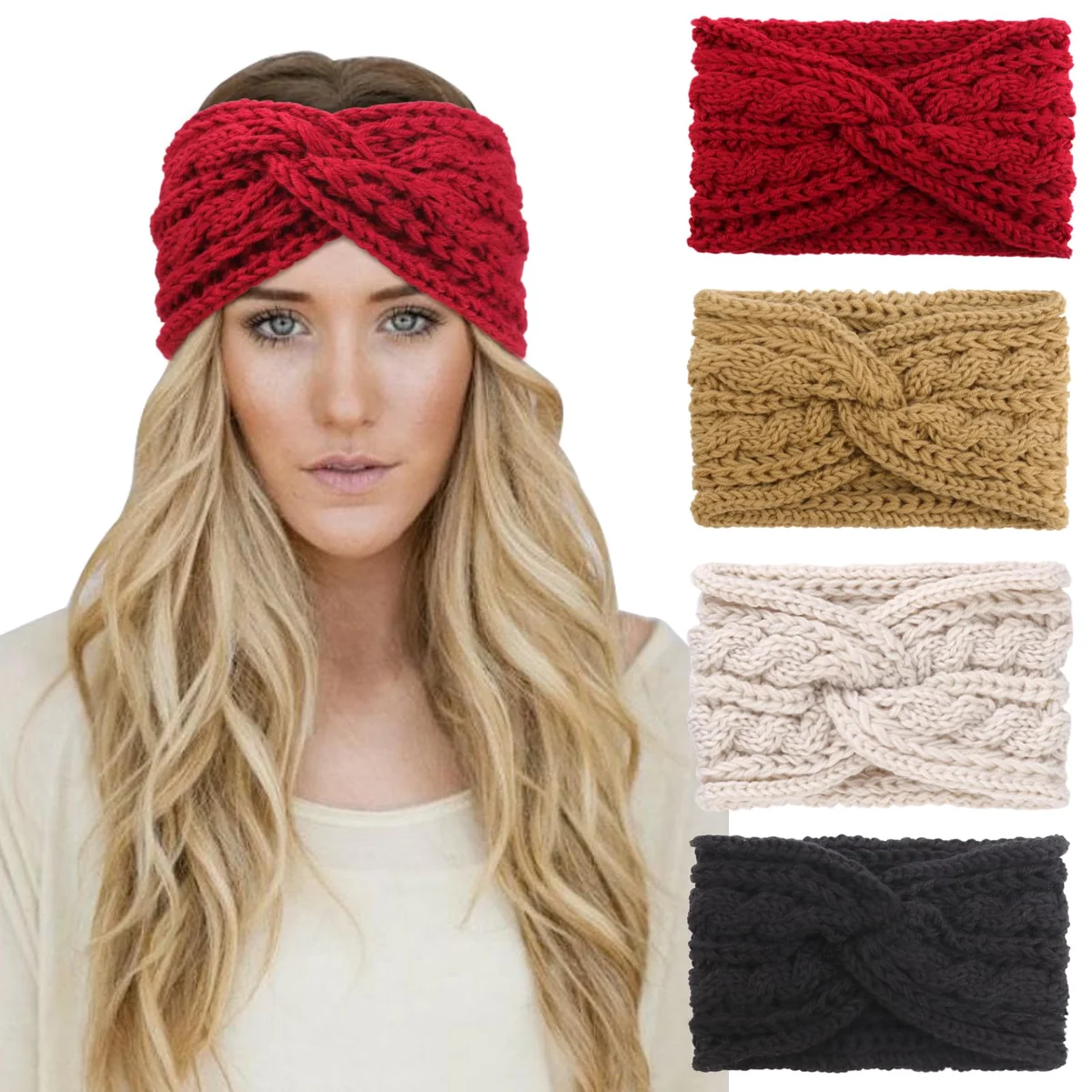 DRESHOW 4 Pack Crochet Ear Warmer Headband Miękka Dzianinowa Opaska Turban Stretch Headbands Ocieplacz dla kobiet na Zimę