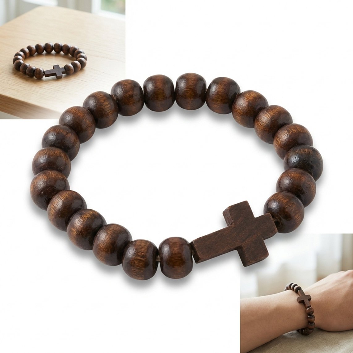 BRANSOLETKA męska DREWNIANA BRĄZOWA z krzyżem na gumce klasyczna różaniec