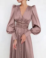 Sukienki - Długa satynowa sukienka z bufiastymi rękawami - Jasnobrązowy - miniaturka - grafika 1