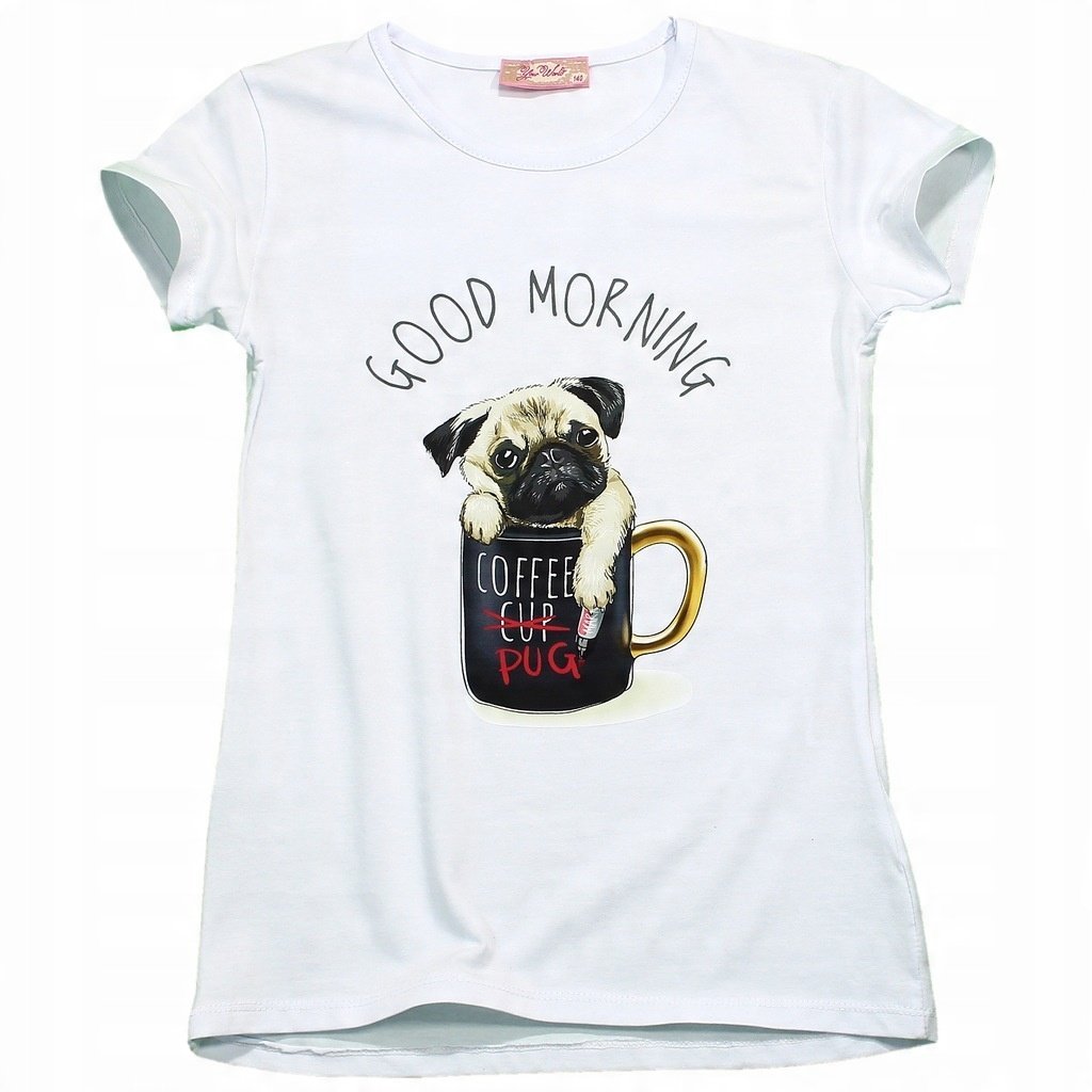 BLUZKA T-Shirt NADRUKI PIESEK Bawełna BIAŁA 134