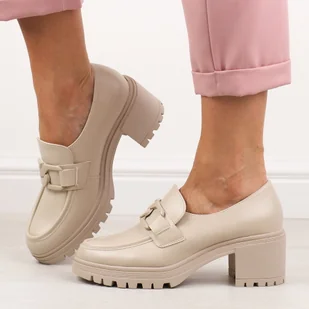 Beżowe Pu mokasyny damskie na obcasie, półbuty z łańcuchem Vinceza 109 - Mokasyny damskie - miniaturka - grafika 1