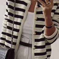 Swetry damskie - TEMU Kardigan Damski Elegancki w Czarne i Białe Paski - Długi Rękaw z Zapięciem na Guziki, Kołnierz i Pasek do Zapinania - Ciepły Sweter na Jesień i - miniaturka - grafika 1