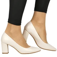 Czółenka - DAMSKIE CZÓŁENKA NA SŁUPKU SERGIO LEONE PB414 BEŻOWE PERŁOWE - miniaturka - grafika 1