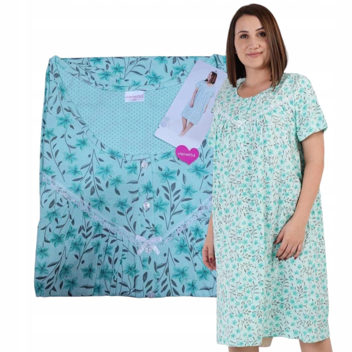 KOSZULA NOCNA VIENETTA 6XL podomka zielona piżama bawełna kwiaty kokarda