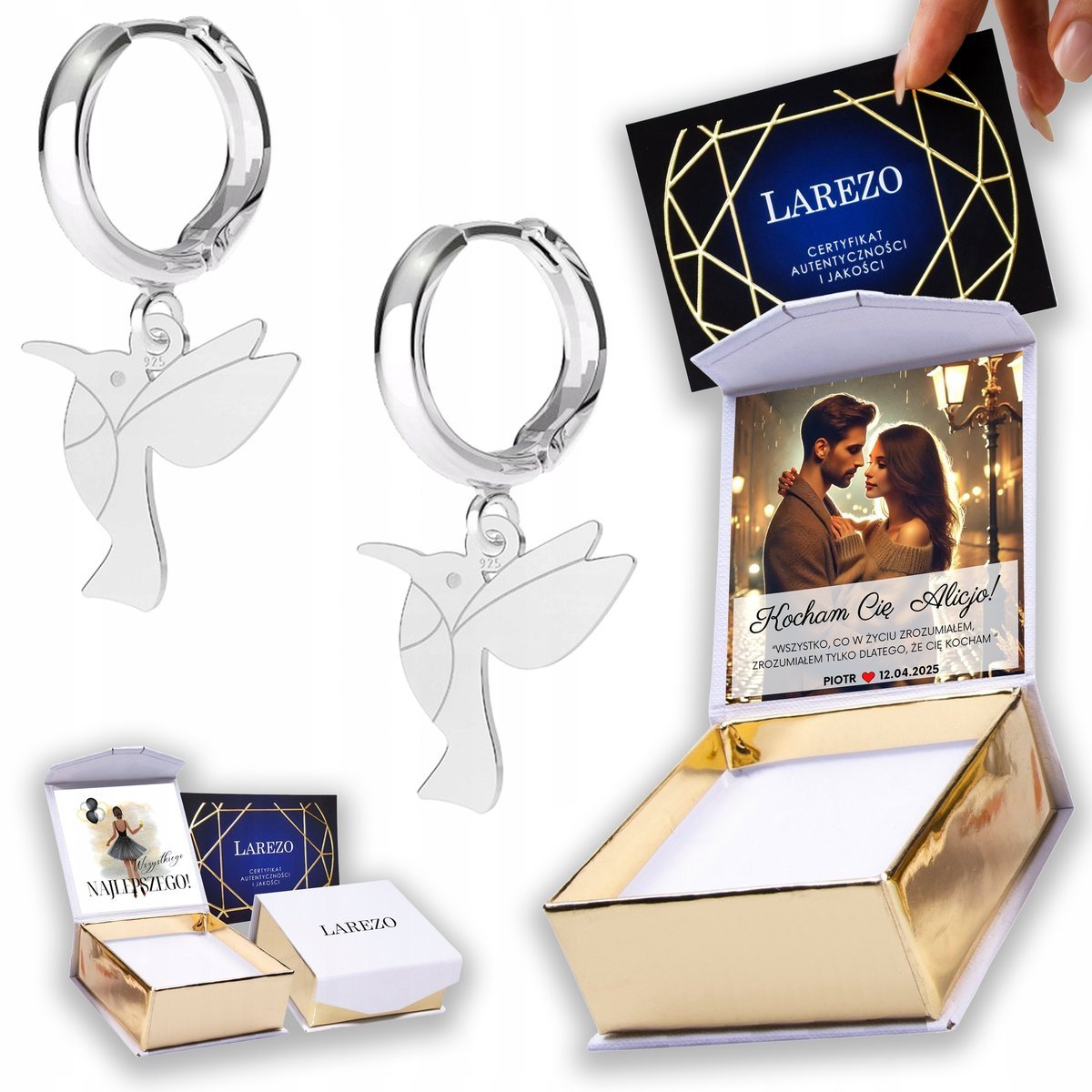 Kolczyki Srebrne 925 Ptak Koliber z Ptakami Zwierzętami Kolibrami NADRUK