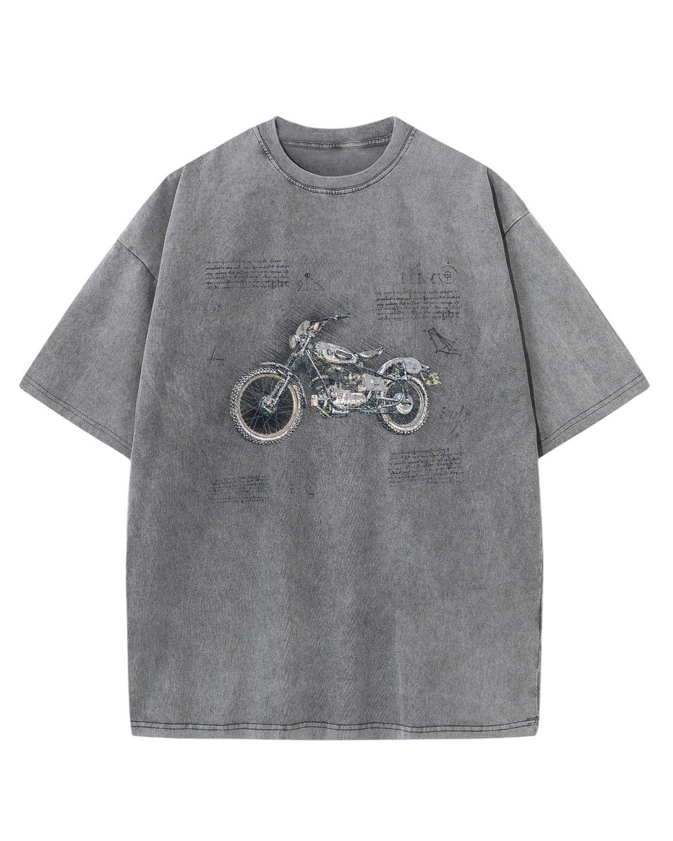 Damska koszulka oversize Klasyczny Motocykl - efekt sprania Grafitowa XL