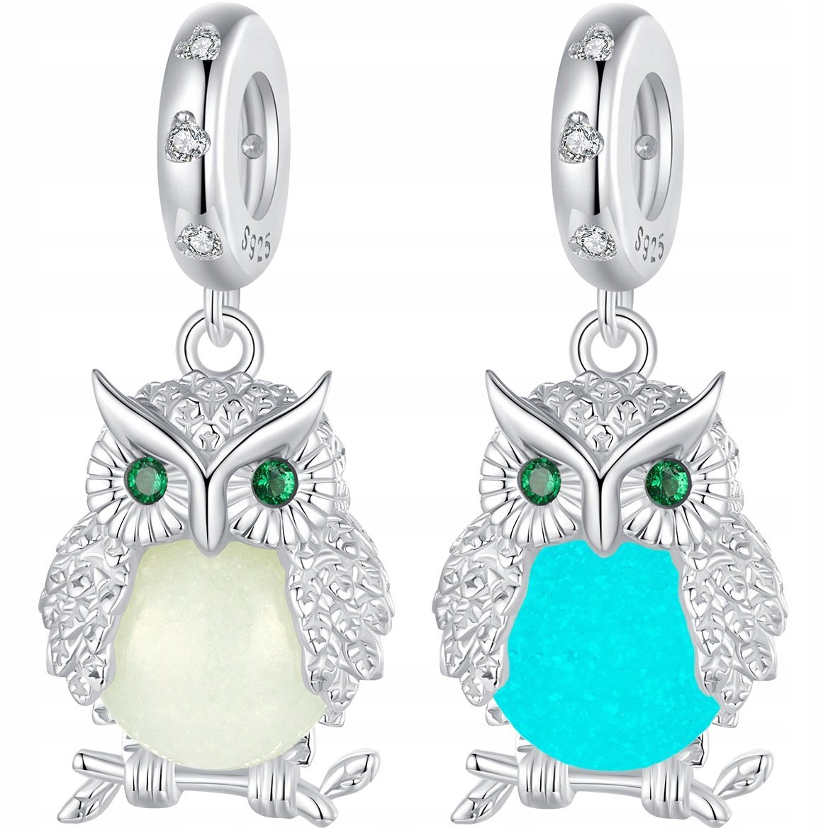 CHARMS SOWA ŚWIECĄCA FLUO srebro pr 925 zawieszka koralik SÓWKA MĄDROŚĆ
