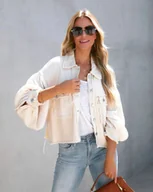 Kurtki damskie - Krótka kurtka damska na guziki z kieszeniami - Beżowy - miniaturka - grafika 1