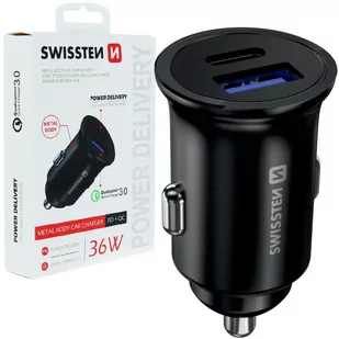 SWISSTEN Czarna Ładowarka samochodowa 1xUSB 1xUSB-C 36W - Ładowarki samochodowe - miniaturka - grafika 1