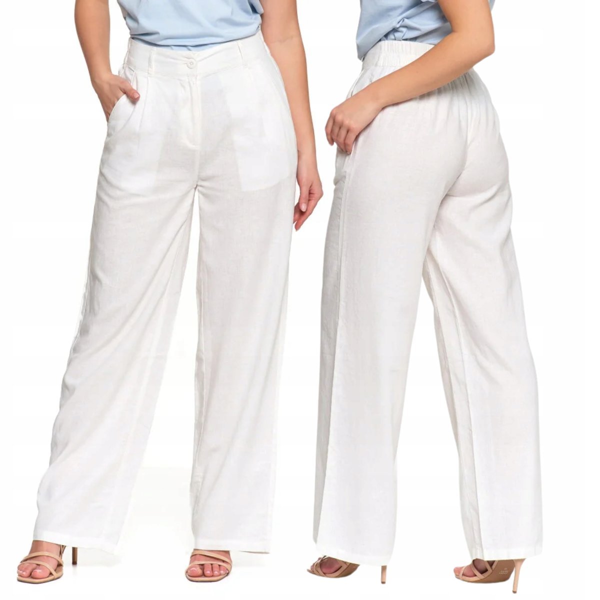 SPODNIE LNIANE DAMSKIE SZEROKIE Z WYSOKIM STANEM ELEGANCKIE MORAJ XXL WHITE