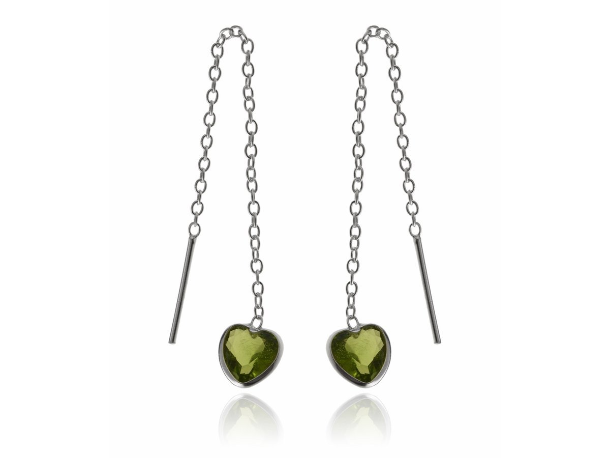 Kolczyki srebrne przewlekane Serca zielone k3614