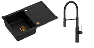 Zlewozmywaki z baterią - Quadron Zlewozmywak granitowy jednokomorowy 78*50*22 cm z ociekaczem MORGAN 111 PURE CARBON czarny z miedzianym odpływem z baterią MARILYN Q LINE PURE CARBON z ruchomą wylewką kolor czarny - - miniaturka - grafika 1