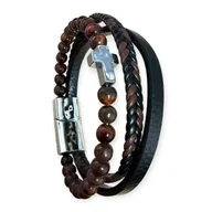 Bransolety męskie - Bransoletka męska skórzana z krzyżem srebrnym i czerwonym kamieniem - miniaturka - grafika 1