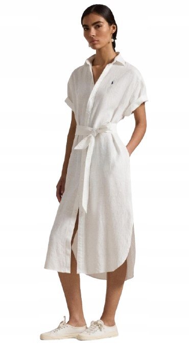 Polo Ralph Lauren Biała Sukienka Len z Paskiem i Kołnierzykiem L Kwa