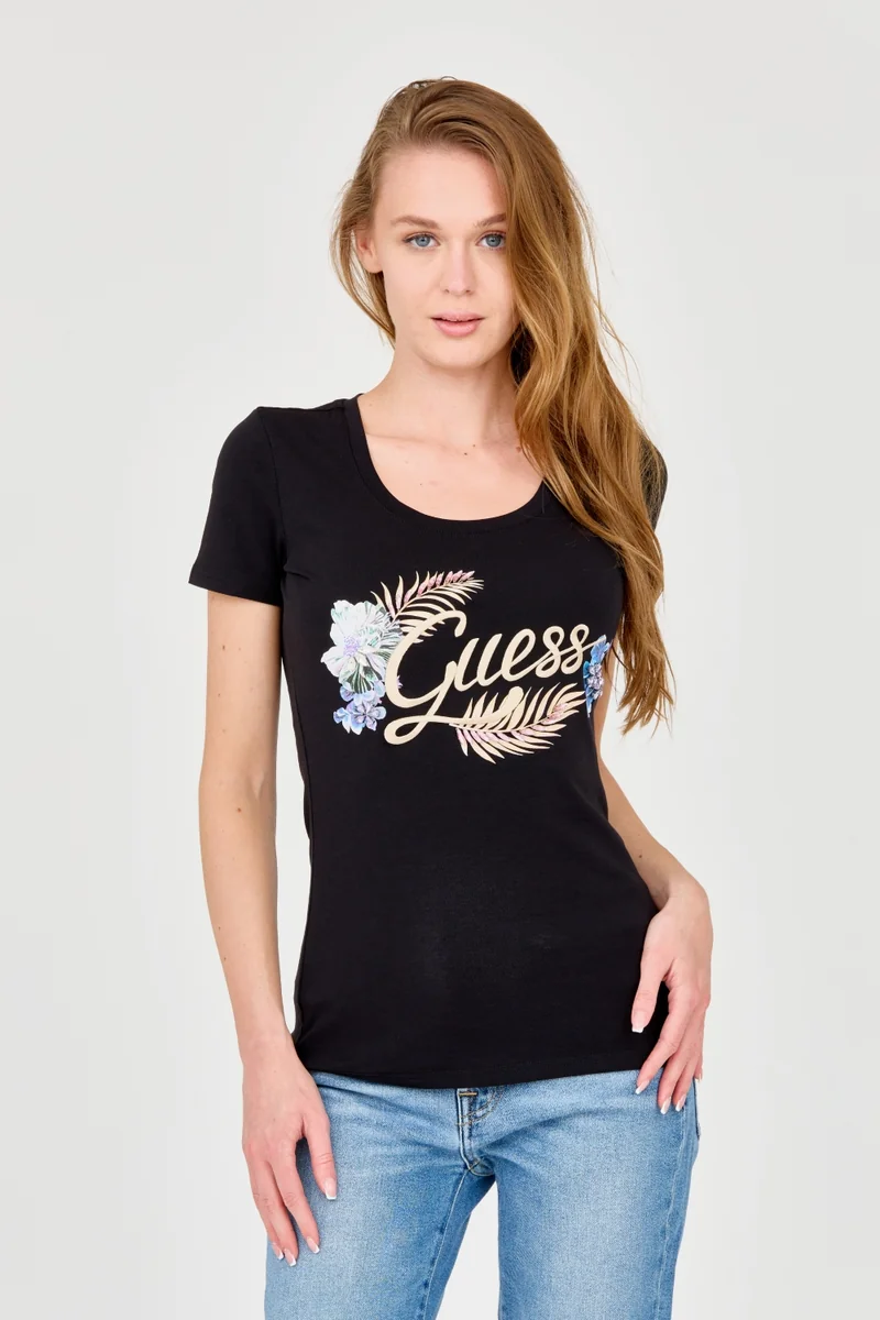 GUESS Damski czarny t-shirt ze zdobionym logo S