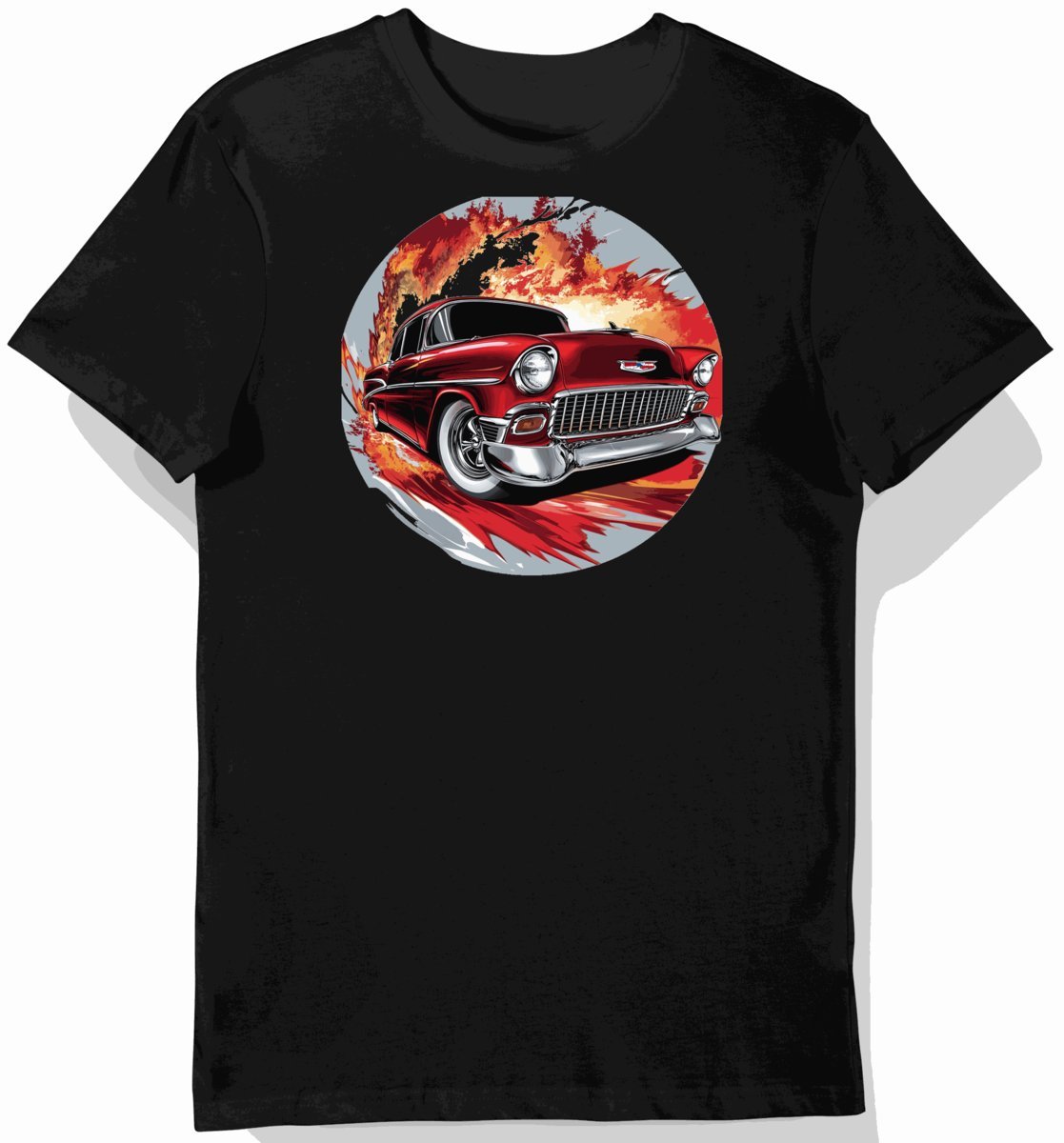 Koszulka męska czarna z klasycznym samochodem i płomieniami M