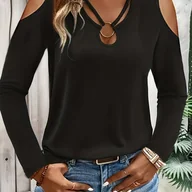Bluzki damskie - TEMU Jesienno-Zimowa Elegancka Bluzka z Długimi Rękawami i Odkrytymi Ramionach, Jednokolorowy Kształcie V - miniaturka - grafika 1