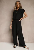 Komplety damskie - Czarny Komplet z Wiskozy Spodnie i Koszula Ozdobiona Kieszeniami Rinalienna - miniaturka - grafika 1
