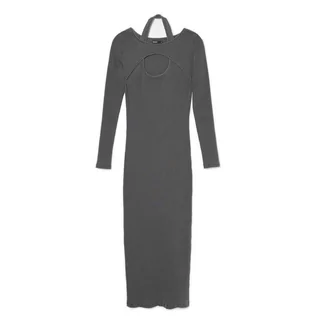 Sukienki - Cropp - Ciemnoszara sukienka midi z wycięciem - Szary - grafika 1