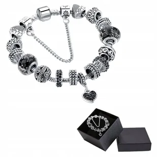 Bransoletka Srebrna Modułowa Czarna Zawieszka Serce Beads Charms 20 cm DIY - Bransoletki - miniaturka - grafika 1