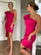 Sukienki - Gloria do 44roz. elegancka sukienka fuksja asymetryczna na jedno ramię ze zdobnym rękawem polska produkcja - PERFE - miniaturka - grafika 1