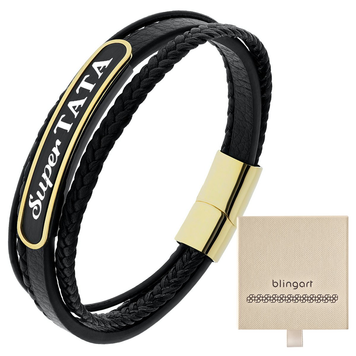 Bransoletka męska z GRAWEREM z czarną blaszką SKÓR