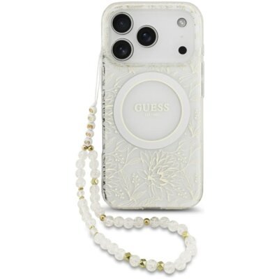 Etui GUESS IML Flowers Allover Electroplated with Pearl Strap MagSafe do Apple iPhone 17 Pro/18 Pro Biały