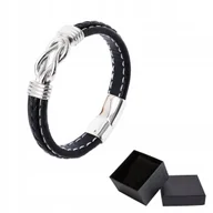 Bransolety męskie - Czarna Skórzana Bransoletka Męska Zapleciona Stal Chirurgiczna Na Prezent - miniaturka - grafika 1