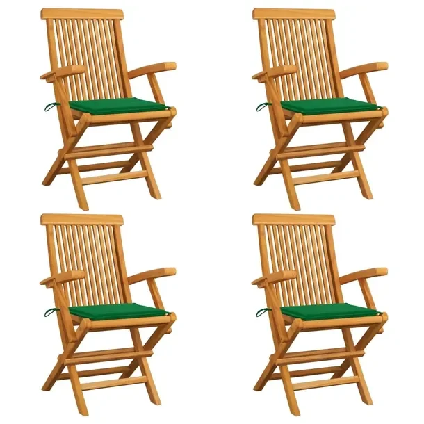 Zestaw 4 krzeseł ogrodowych z drewna tekowego z zielonymi poduszkami 55x60