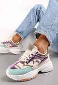 Sneakersy damskie - Beżowo-Fioletowe Sneakersy Ozdobione Sznureczkiem z Cyrkoniami Nathanias - miniaturka - grafika 1