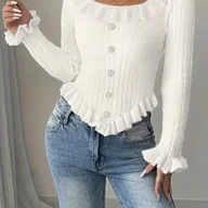 Swetry damskie - TEMU Sweter Damski - Sweter z Długim Rękawem i Perłowymi Guzikami, Miękka Beżowa/Biała/Czarna/Szara/Niebieska/Czerwona - Nieprześwitujący Sweter na - miniaturka - grafika 1