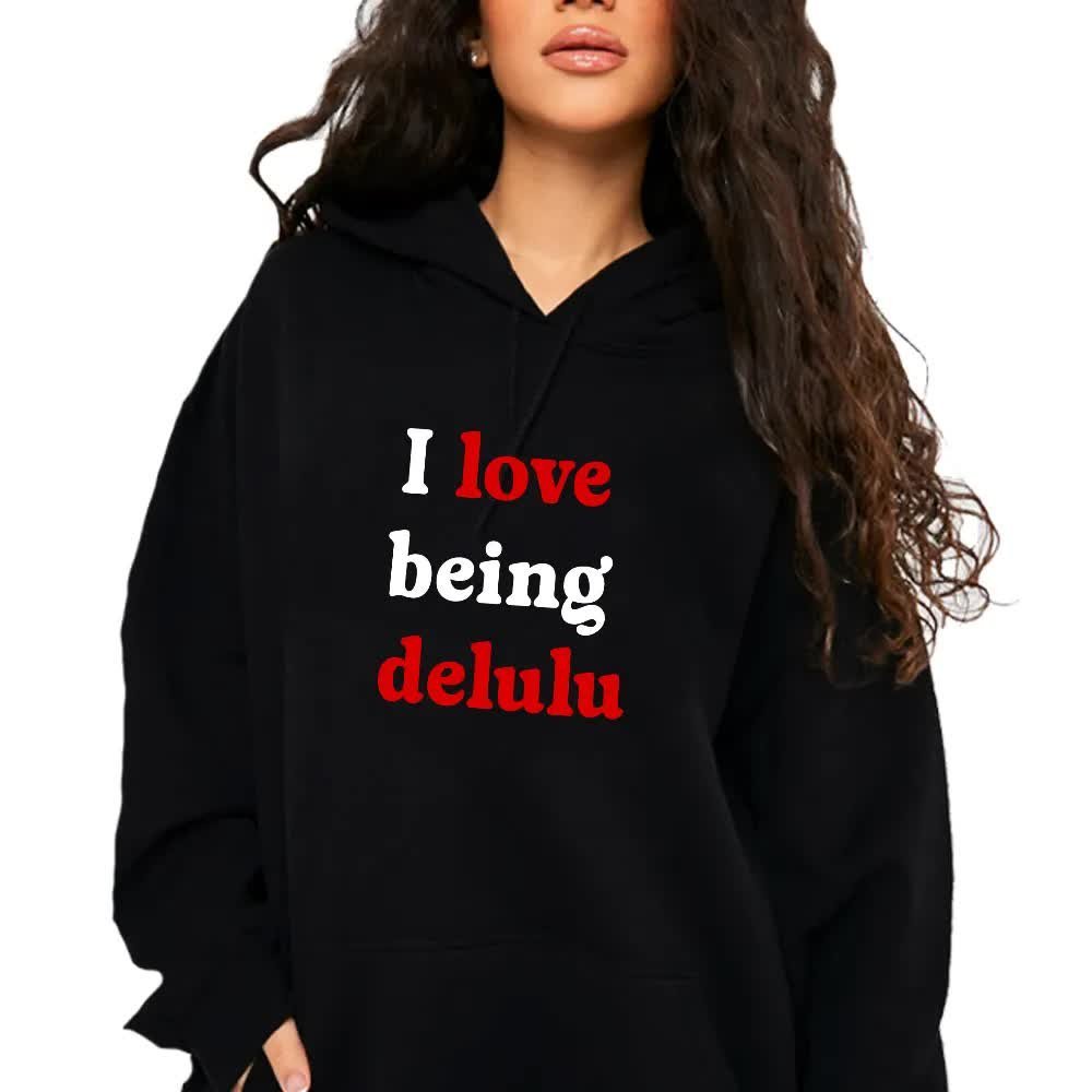 BLUZA DRESOWA Damska CZARNA Z Kapturem Na Jesień I LOVE BEING DELULU Wz L