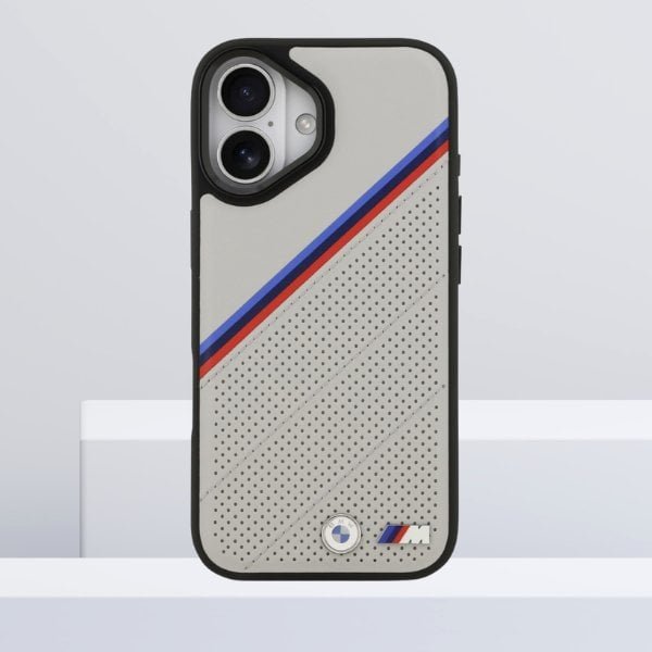 Etui BMW M Tricolor Metal Logo MagSafe do Apple iPhone 17 szary