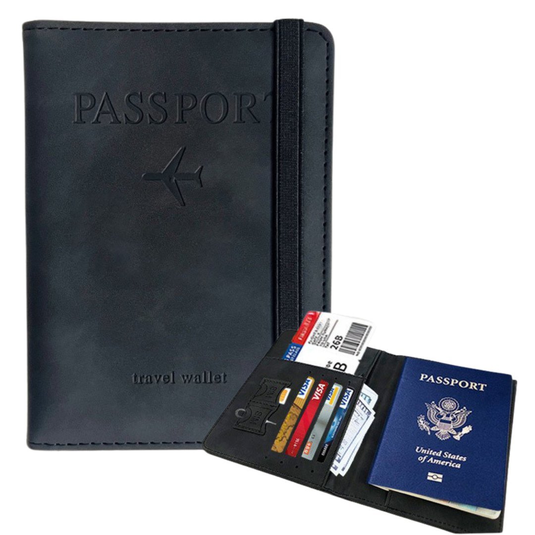 Klasyczne czarne etui na paszport i dokumenty antykradzieżowe z blokadą RFID