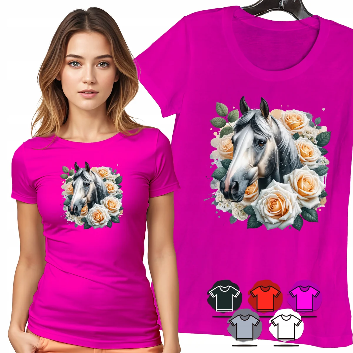 KOSZULKA DAMSKA T-SHIRT - BIAŁY KOŃ I RÓŻE ELEGANCKI PORTRET DAMSKI - L