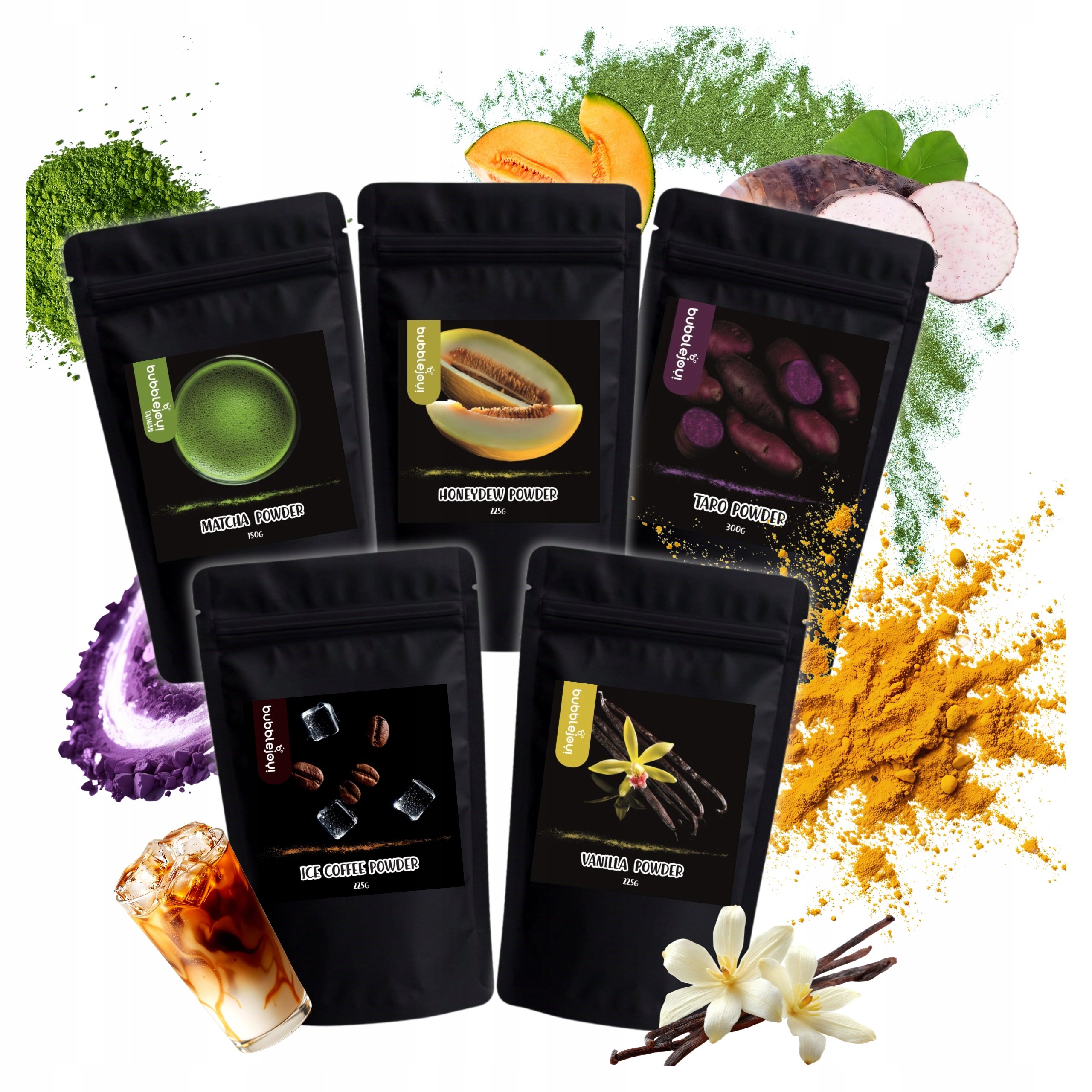 Zestaw Pudrów do Bubble Tea Melon Wanilia Matcha Ice Coffee Taro 1125g 5szt