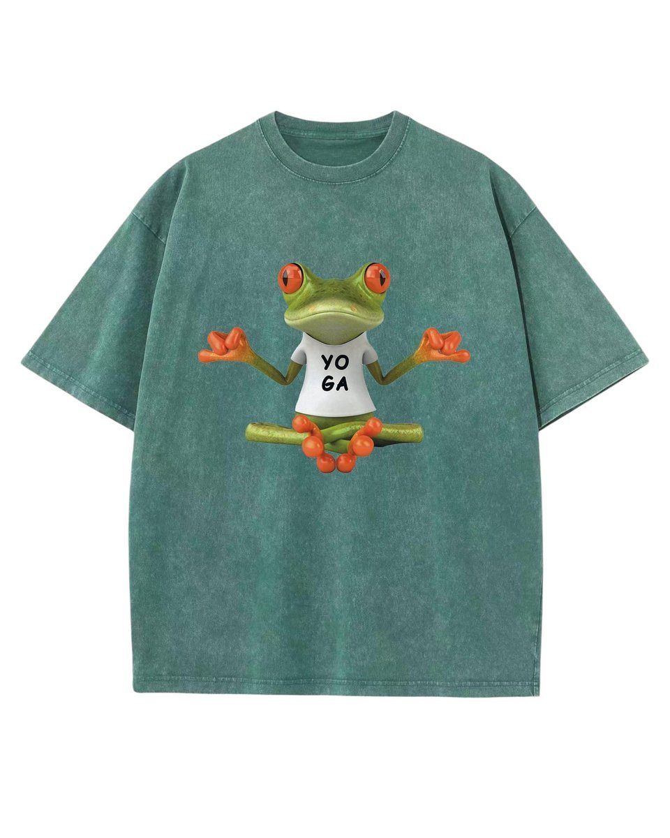 Męska koszulka oversize efekt sprania Zwierzęta Żaba Yoga Zielona M